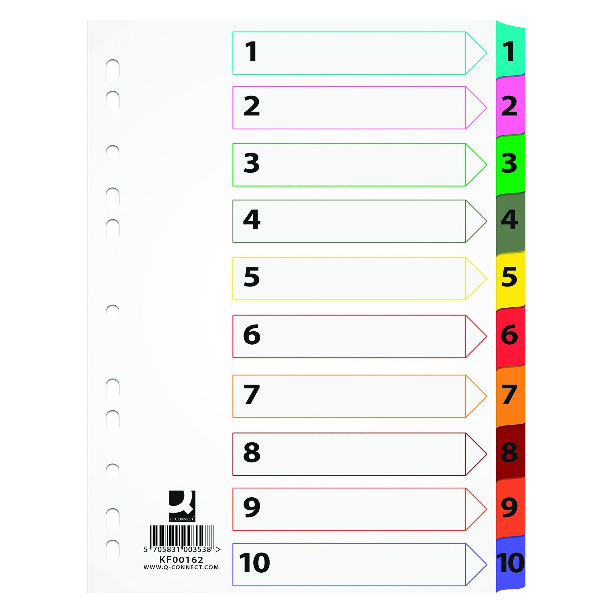 Q-Connect Mylar-Trennblätter, Karton, A4, 225 x 297 mm, 1-10, 10 Karten, laminiert. Index, Farbmischung (41378927)