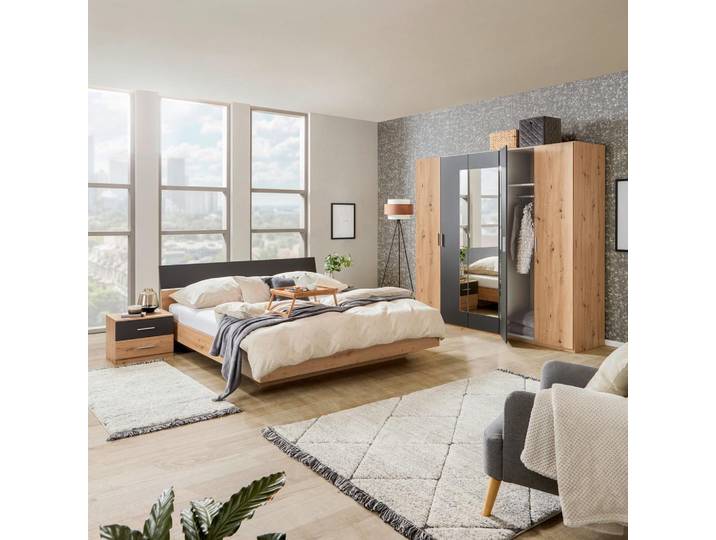 Schlafzimmer-Set Katrin 4--teilig. Eiche Dekor/Graphit + Spiegel