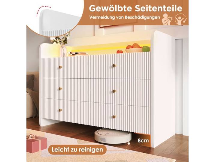 Feuille épaissie Cuisinière Commode avec éclairage LED et 6 tiroirs Design en forme d'ondes Armoire moderne pour salon et chamb