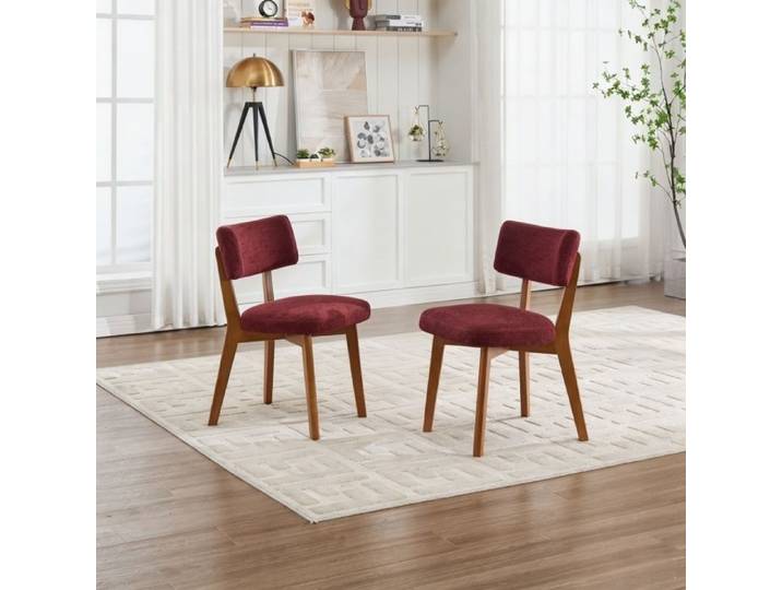 Lot de 2 Chaises de Salle à Manger - URTR - Revêtement Lin - Pieds Bois Massif - Assise Rembourrée - Bordeaux