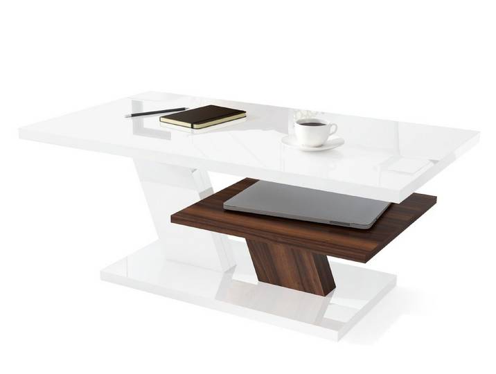 Mazzoni Couchtisch Cliff Weiß Hochglanz / Nussbaum Wohnzimmertisch 110x60x45cm