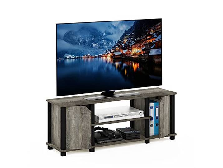 Furinno Simplistic TV-Ständer mit Regalen und Stauraum, französische Eiche/Schwarz