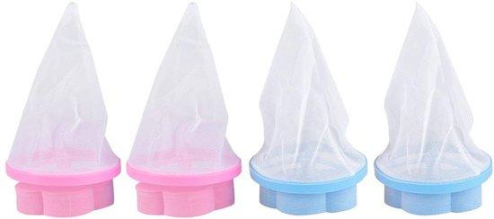 Set van 4 herbruikbare waszakken met filterzak in blauw en roze