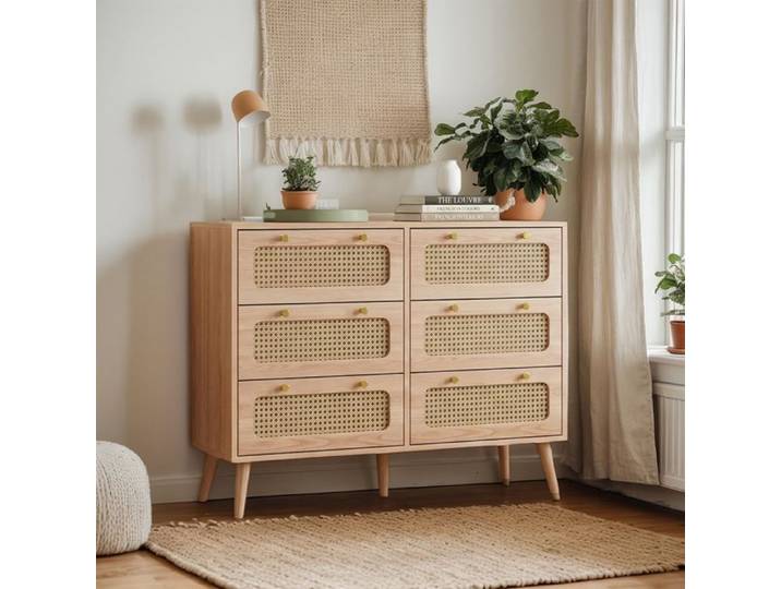 Commode - 6 tiroirs - Scandinave - Boutons métal - Pieds en bois