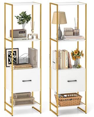 "4-Tier Bookshelf w/ Drawer 62.5"" Tall Narrow Bookcase w/ Metal Frame"