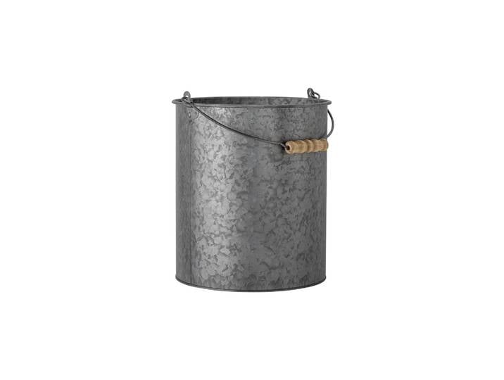 Seau en métal zinc galvanisé gris, cache-pot, poignée en bouleau,