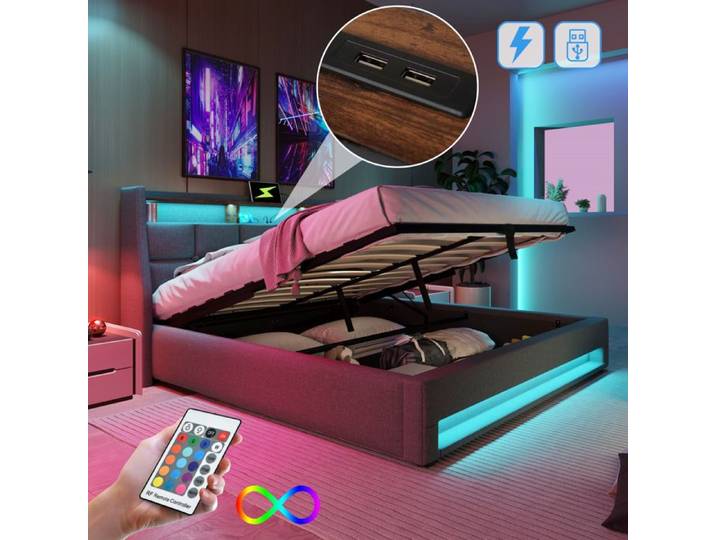 Dimensions 160x200 cm design solide et sécurisé lit double avec éclairage led en métal