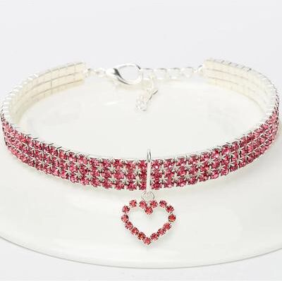 Uplift Essentials Triple Row Rhinestone Glamour Pet Collar With Heart Charm pink l