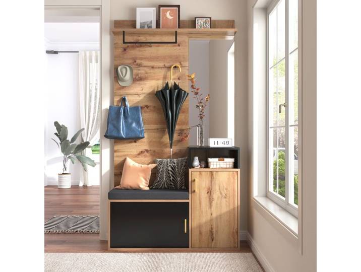 VEVXYN meuble d entrée vestiaire rangement banc à chaussures avec miroir 104 x 38 5 x 190 cm MDF noir et décor bois