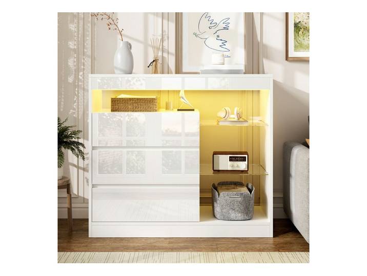 i@home Sideboard Kommode,Schubladenschrank,Aufbewahrungsschrank,mit Stauraum,90x35x80cm, mit 3 Schubladen,LED-Beleuchtung&Glasböden–Hochglanz-Sideboard,Weiß