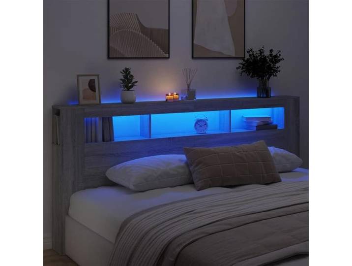 Tête de Lit à LED Panneau avec Rangement Accessoire de Lit Tête de Cadre de Lit Chambre Sonoma Gris 837377