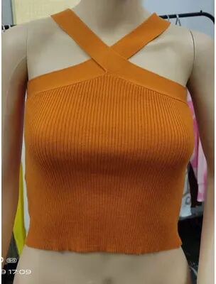 Women Boutique Sexy Women Knitted Tank Tops, Summer Slim Off Shoulder Cropped Solid Halter Base Vest Black For Women orange l