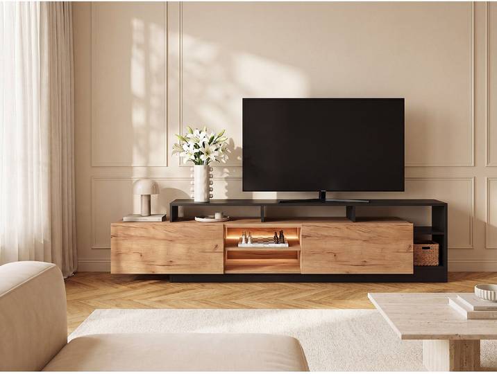 TV-Möbel - 2 Türen und 6 Ablagefächer - Mit LED-Beleuchtung - Holzfarben hell und Anthrazit - IDESIA