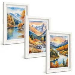 BILDER SET 3er Set - 20x30 cm Weißer Rahmen - Berglandschaft, Fluss, Herbst