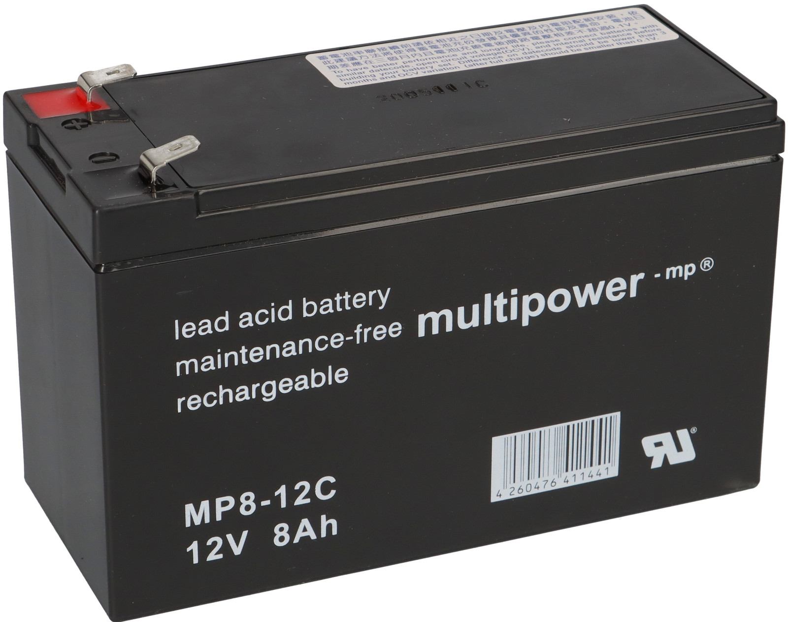 Multipower MP8-12C AGM accu, 12V, 8Ah met F6,3 mm aansluiting