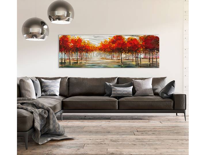 Leinwandbild Herbstliche Landschaft Mischgewebe Schwarz/Rot/Weiß/Silber/Beige 55 x 150 x 3cm