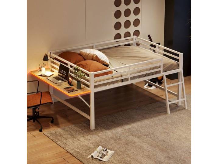 Lit superposé - 140 x 200 cm - Métal blanc - Bureau pliant multifonction - LED d'ambiance