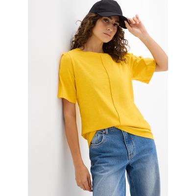 T-Shirt BONPRIX, Damen, Gr. 44/46 (L), gelb (safrangelb), Jersey, Obermaterial: 100% Baumwolle, unifarben, loose fit hüftbedeckend, Rundhals, weit, Shirts T-Shirt, lockere Passform, weite Ärmel mit dezenter Raffung an der Schulter