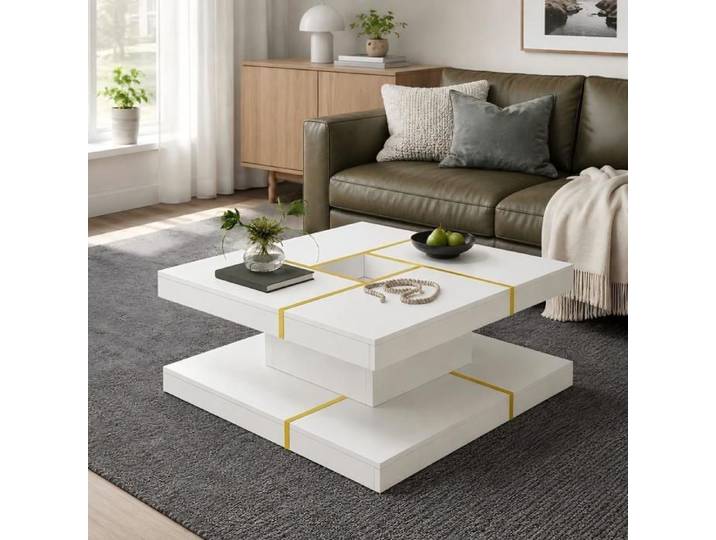 Table Basse Ulsam Carrée à Deux Niveaux Finitions Métal Doré Ouverture Centrale Design Étagé pour Salon