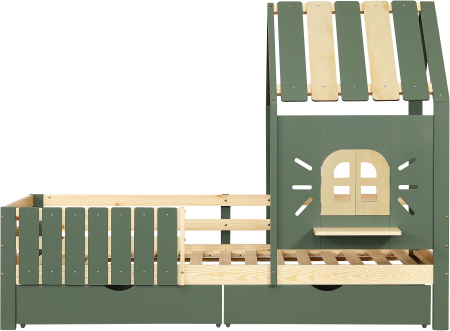 Kinderbett 90x200cm Ohne Matratze Gruen Hausbett Mit Dach Fenster Gruen Natur Kiefer MDF Mit Holzfensterbank Vierseitiger Zaun 2 Schubladen