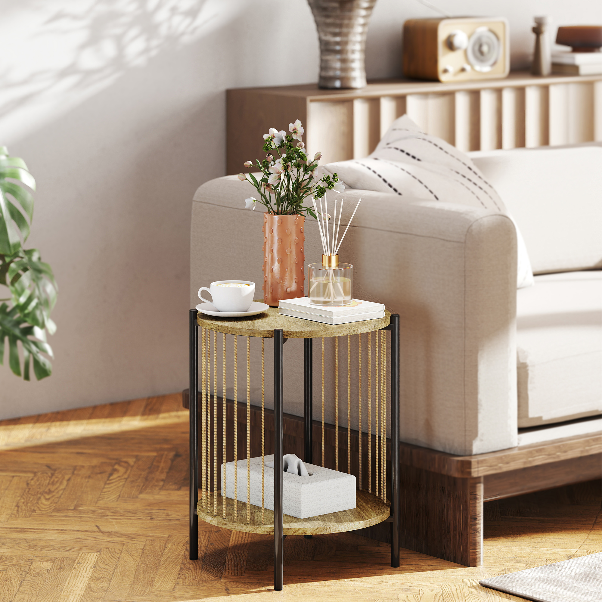 Homcom Tavolino Rotondo a 2 Livelli con Ripiano e Struttura in Acciaio per Soggiorno Camera da Letto 43,5x43,5x51 cm Naturale   Aosom Italy