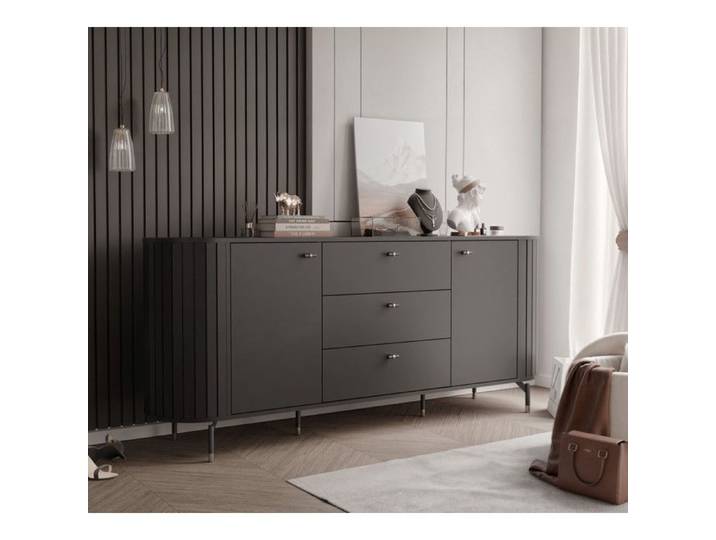 Commode Salon SENTO - Commode Chambre - 190x40x81 cm - 2 portes et 3 tiroirs - Noir