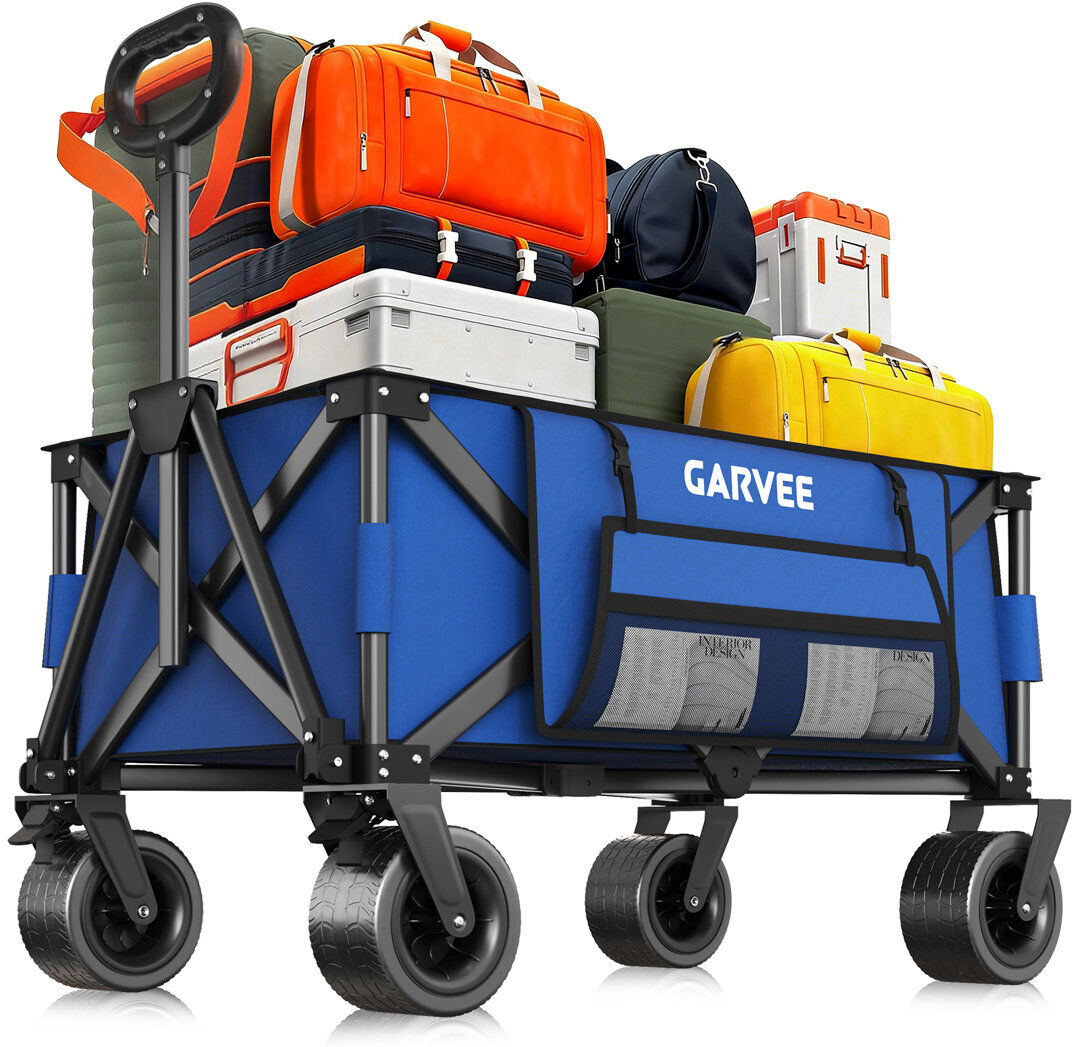 idealhouse 280L Collapsible Folding Camping Wagon Cart, 460 lbs Heavy Duty Festival Trolley with All-Terrain Wheels Brakes Elastic Rope Drink Holder for Beach Ga Blue 97cm H X 46cm W X 96cm D