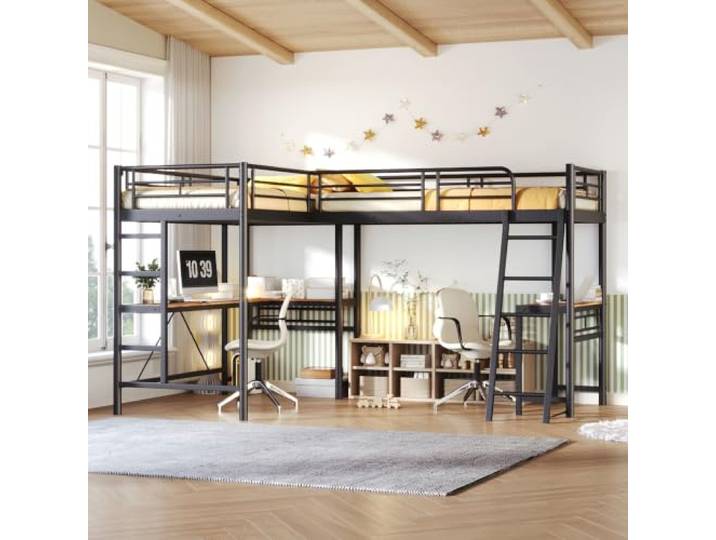 Moimhear 90 * 200cm Hochbett, Zwei Etagenbetten, Tisch unter dem Bett, Doppeltreppe, hohes Geländer, schwarz (schwarz)