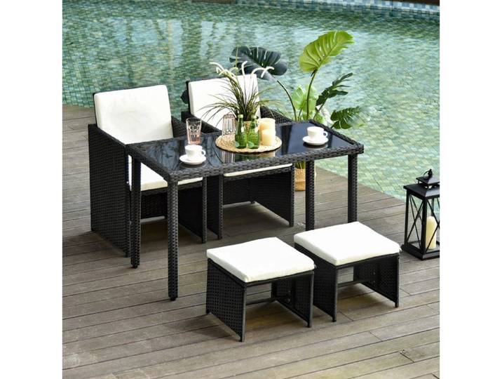 Ensemble table et chaises de jardin AESVAR 11 pièces noir en résine tressée et verre