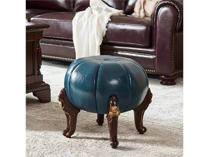 CAJJDJ Kürbis-Hocker mit Massivholz-Beinen Kompakter Kürbis-Hocker mit gepolstertem Sitz und Massivholz-Beinen.(Blue)