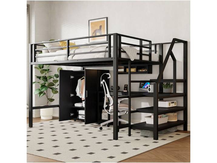 Lit mezzanine enfant noir 140 × 200 cm avec bureau armoire et rangements