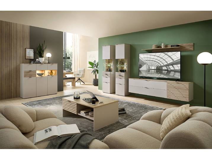Buffet haut éclairé 125 x 125 x 45cm Beige/Gris/Gris sable