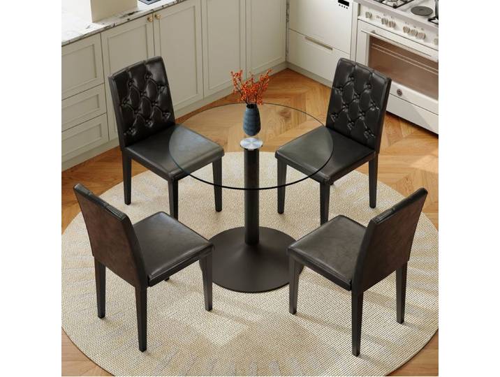 WUVRIE Ensemble table à manger ronde 85 cm avec 4 chaises noires en PU verre trempé et métal
