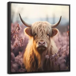 LEINWAND Bilder mit Rahmen - Schottischer Hochländer - Frühling - Hochland - 50x50