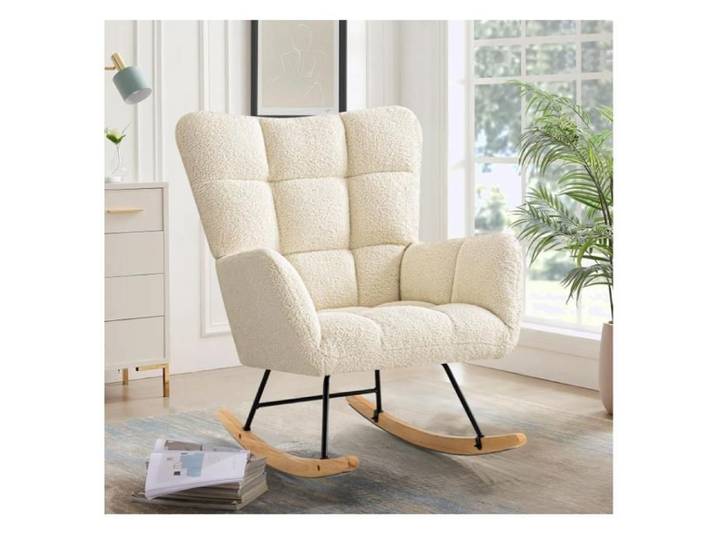 Fauteuil à Bascule Rocking Chair Fauteuil Allaitement Chaise à Bascule Scandinave en Matériau Sherpa avec Pieds en Bois Chambre