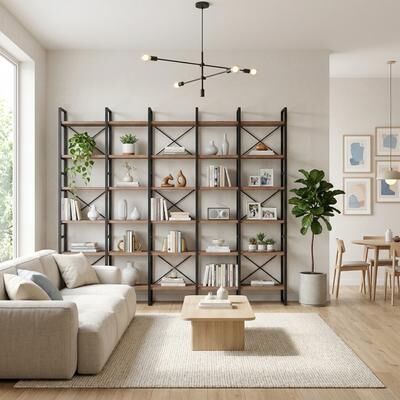 Davee Furniture "Large Industrial 5-Tier Bookshelf, 106"" Wide Wood and Metal Open Shelving Unit - 85''H x 106''W x 12.6''D"