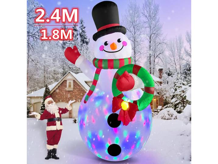 Bonhomme de neige gonflable de noël, 6 pieds/8 pieds, couronne de fleurs, lumières LED intégrées, fête de noël, intérieur et extérieur, accessoires de jardin, décor