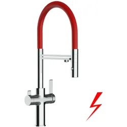 NIEDERDRUCK 3 Wege Wasserhahn Küchenarmatur, FC, mit 360° schwenkbarem Auslauf, abnehmbare 2 strahl Handbrause, Verchromt / Rot