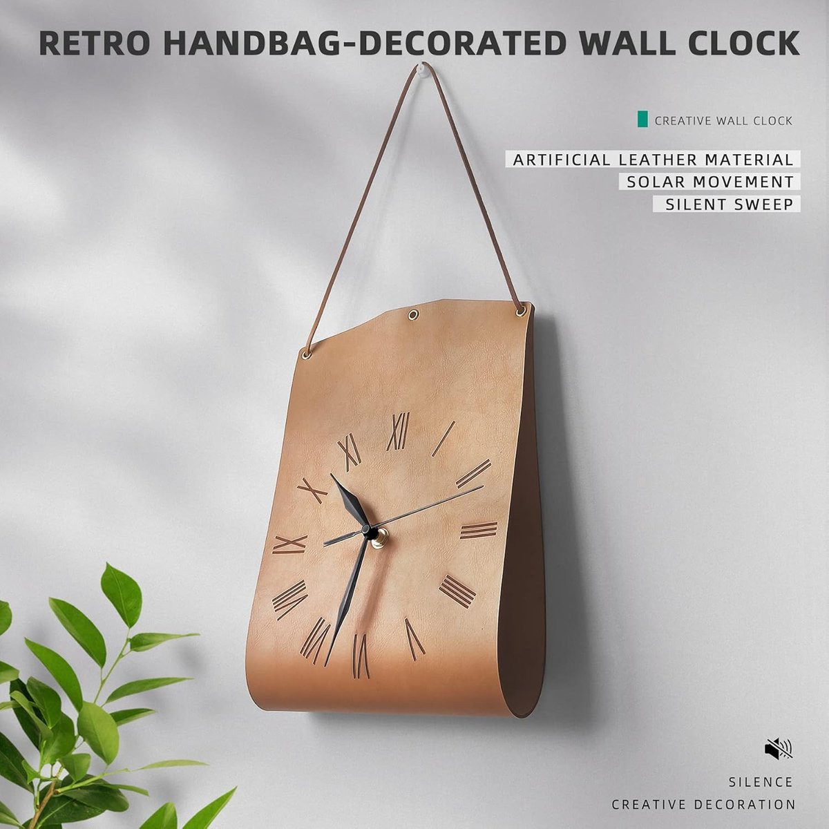 Elegante Rustieke Wandklok van Kunstleer – Vintage Analoge Wandklok met Stille Quartz Mechanisme
