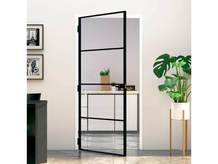 vidaXL Innentür Schwarz 93x201,5 cm Hartglas & Aluminium Schlank