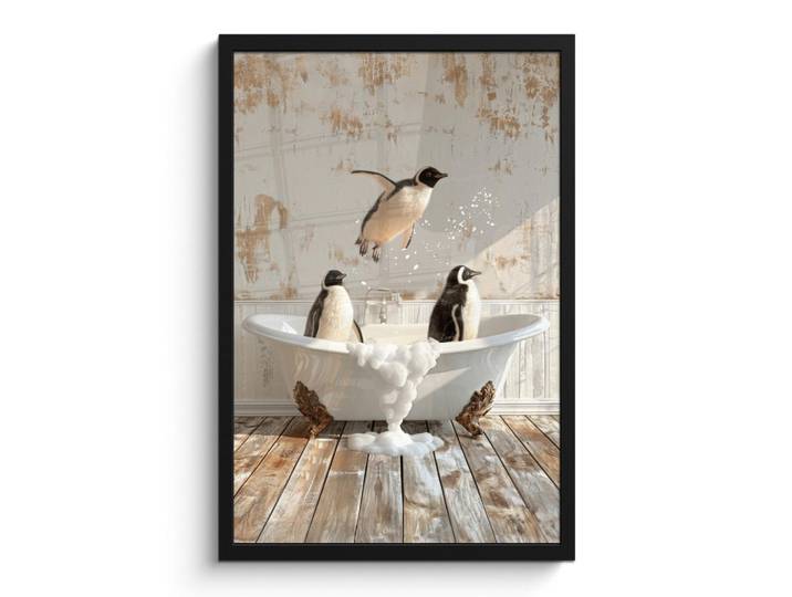 MuchoWow Poster MIT Rahmen Vintage - Pinguin - Badewanne - Schaumstoff Bilder mit Rahmen 40x60 cm, Schwarz, Papier, Rechteckig, 40x60 cm, gerahmt, Bilder & Rahmen, Bilder
