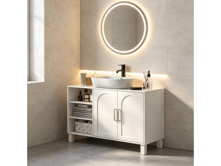 Meuble Vasque De Salle De Bain Avec Étagères Ouvertes Et Portes Doubles\, Meuble Vasque Moderne Pour Lavabos\, Meuble Vasque De Salle De Bain Polyvalent (vendu Uniquement Avec Le Meuble Vasque De Salle
