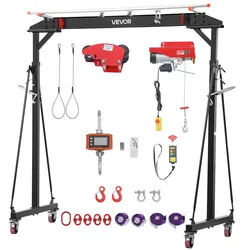 VEVOR Mobiler Portalkran mit 997,9kg Tragkraft, 243-363cm Höhenverstellbarer Stahl-Ladekran, Werkstattkran mit Manueller Laufkatze Elektrokettenzug & 360° Feststellrollen, Lastkran für Hebearbeiten