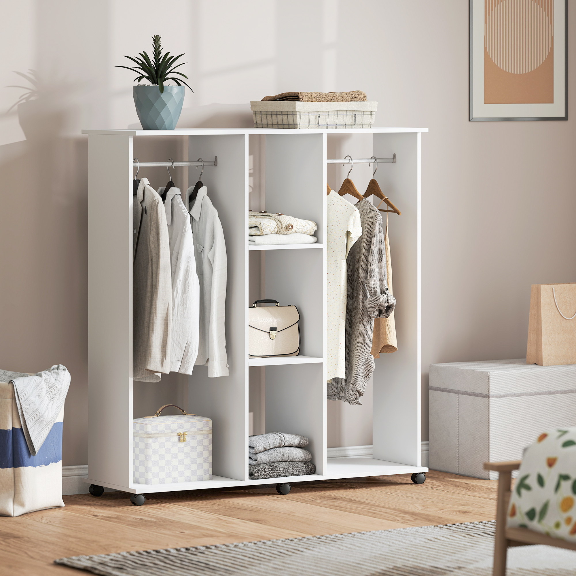 Homcom Armadio guardaroba mobile con 6 ruote 120 x 40 x 128 cm in legno bianco   Aosom Italy