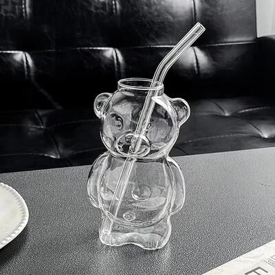 Inspired Living Cute Bear Glass Mug With Straw 320ML Transparent Cartoon Coffee Cup bear Mug With Straw