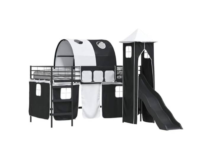 PUGYNBK Etagenbett aus Metall, Schwarz, 80 x 200 cm, für Kinder Blaue und schwarze Vorhänge, atmungsaktives Netzpaneel, multifunktionales Design mit Aufbewahrung