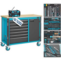 Werkbank Assistent (179NW-7/210), fahrbar, Sortiment, Werkzeugwagen blau/schwarz, 210-teilig inkl. DAB Radio