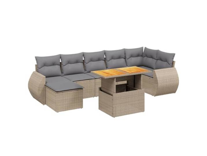 PUGYNBK 8er Set Rattan Sofa PE mit Kissen beige Klappbarer Couchtisch, modulares Design, abnehmbare Kissen, wetterfest