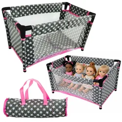 Alice-Puppenbett mit Sternen, Tasche, Decke, Kissen, Grau und Rosa