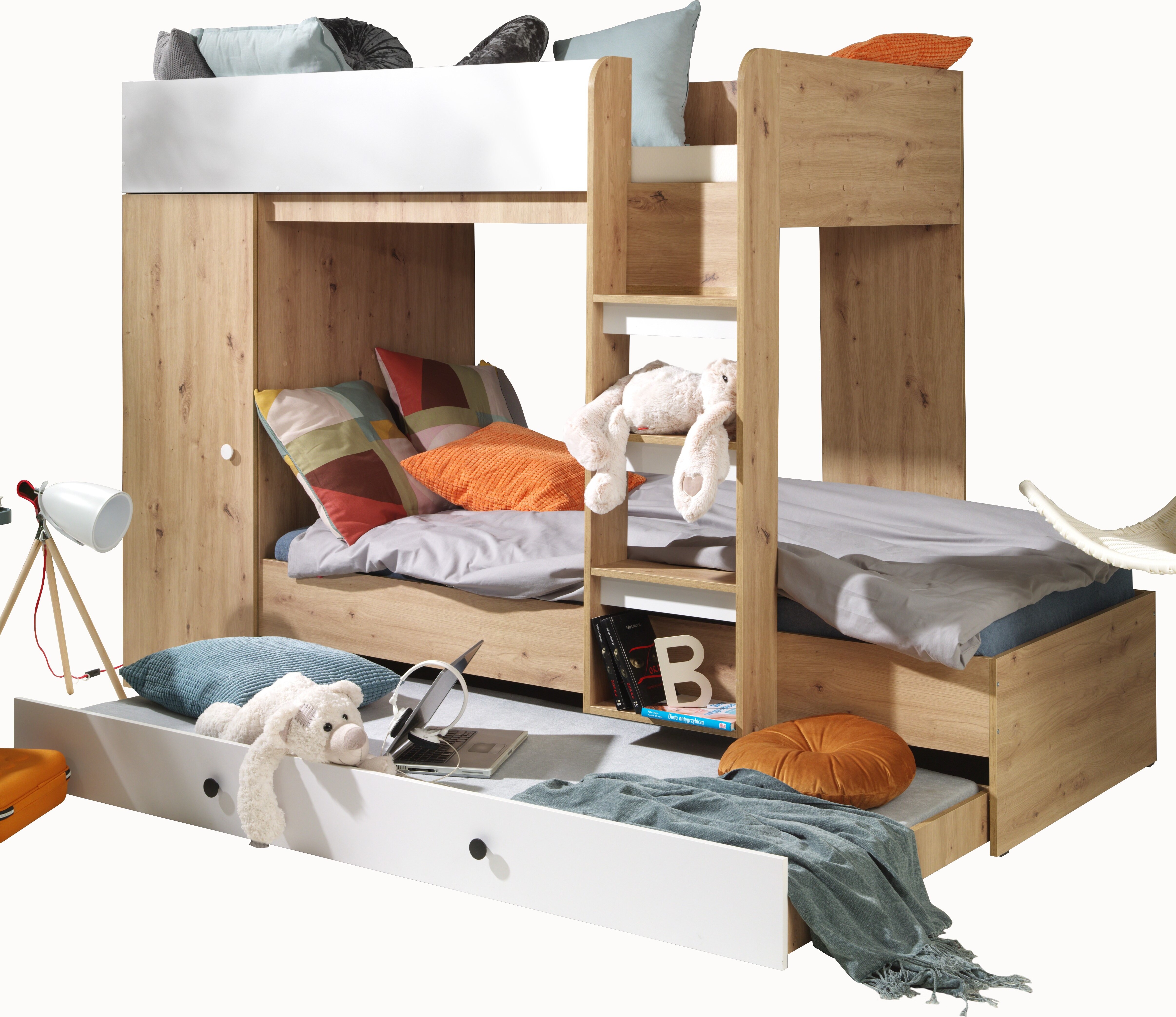 Etagenbett für Kinder SMART 2 Stockbett mit Treppe, DREI Schlafplätze (Artisan Eiche + Weiß matt)